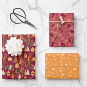 Roter Weihnachtsdorf Vögel und Schneeflocken Geschenkpapier Set