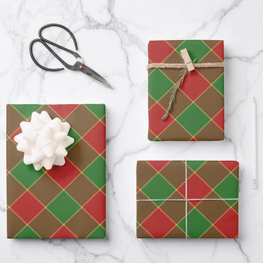 Roter Weihnachtsgrün Karo karierte diagonale Muste Geschenkpapier Set (Vorderseite)
