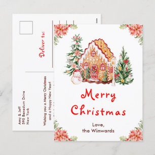 Roter Weihnachtsgruß für das Lebkuchenhäuschen Feiertagspostkarte