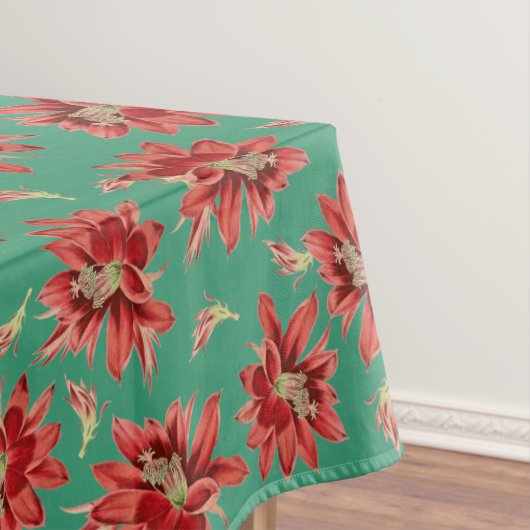 Roter Weihnachtskaktus Blume auf grünem Muster Tischdecke (Beispiel)