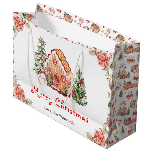 Roter Weihnachtsmann Lebkuchenhäuschen Große Geschenktüte (Vorderseite Schrägansicht)