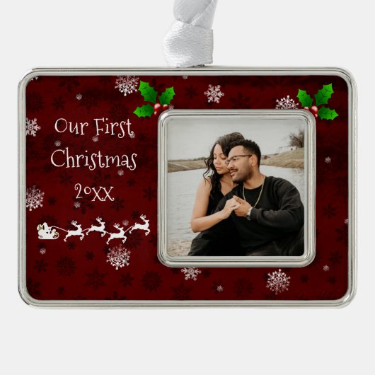 Roter Weihnachtsmann - Schlitten und Rentier Rahmen-Ornament Silber (Vorderseite)