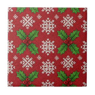 Roter Weihnachtspullover mit Holly-Schneeflocken-S Fliese
