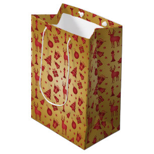 Roter Weihnachtsrinder auf Gold Mittlere Geschenktüte