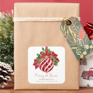 Roter Weihnachtsschmuck Merry & Bride Brautparty Quadratischer Aufkleber