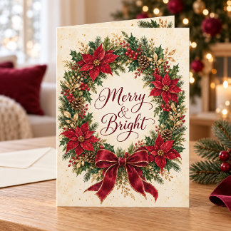 Roter Weihnachtsstern-Kranz Merry & Bright Karte
