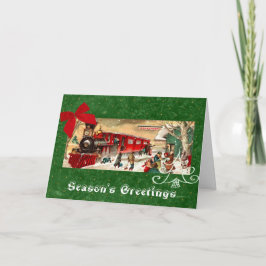 Roter Weihnachtszug Motor Grüner Hintergrund Feiertagskarte