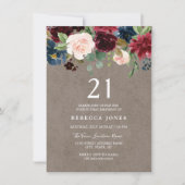 Roter Wein Burgund Blumen 21. Geburtstag Party Einladung (Vorderseite)
