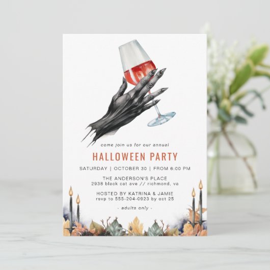 Roter Wein der Hexe | Funny Adult Halloween-Party Einladung (Stehend Vorderseite)
