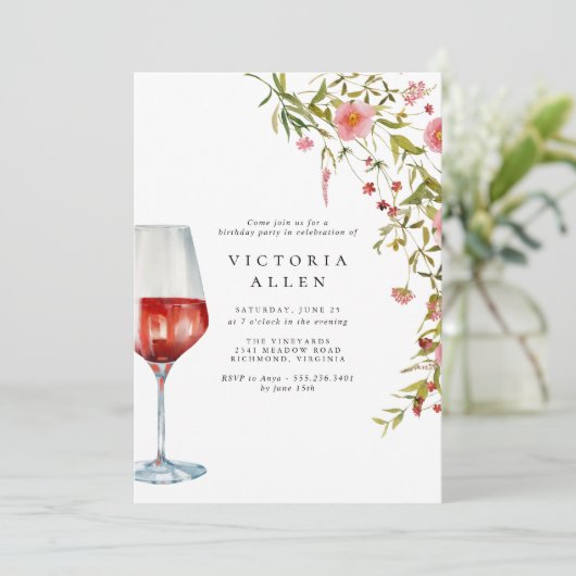 Roter Wein | Eleganter rosa, florale Frauen zum Ge Einladung (Stehend Vorderseite)