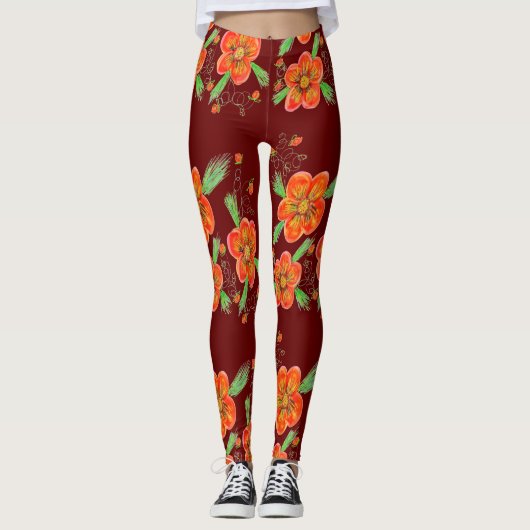 Roter Wein Flower Leggings (Vorderseite)