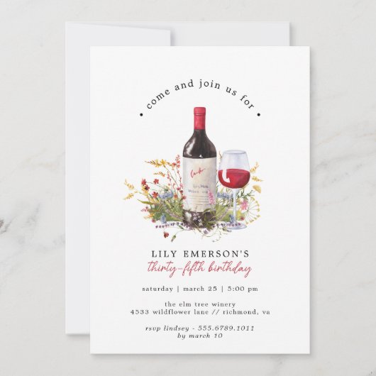 Roter Wein Wildblumen | Niedliches Erwachsener zum Einladung (Vorderseite)