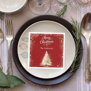 Roter Weißbaum Schnee Glitter Schrift Weihnachten Serviette