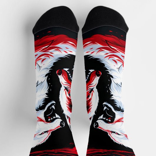 Roter Weißer Kosmischer Wolf Krieger Socken (Oben)