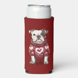 Roter weißer Pullover mit Herzen Bulldogge Selters Dosenkühler