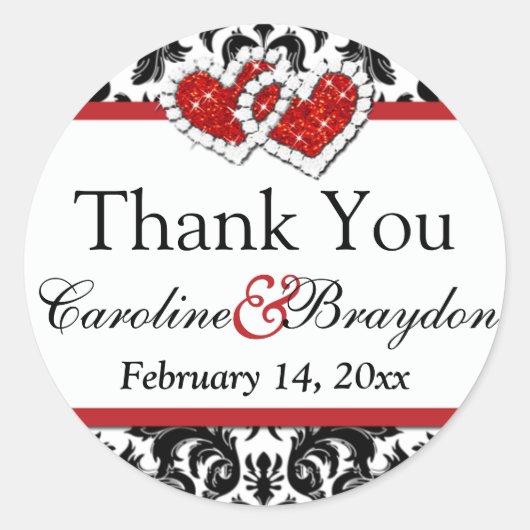 Roter weißer schwarzer Damast Herz 1.5" Rundaufkle Runder Aufkleber (Vorderseite)