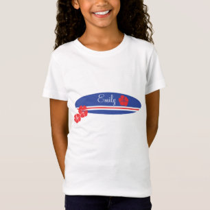 Roter weißer und blauer Surfbrett-Hibiskus T-Shirt