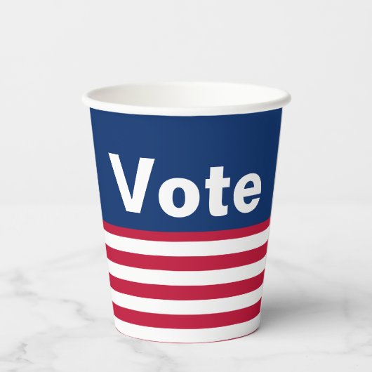 Roter weißer und blauer Text und Streifen Pappbecher (Rückseite)