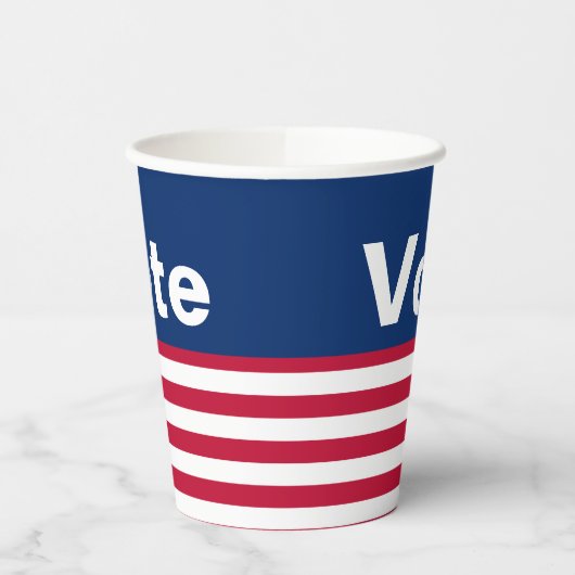 Roter weißer und blauer Text und Streifen Pappbecher (Links)
