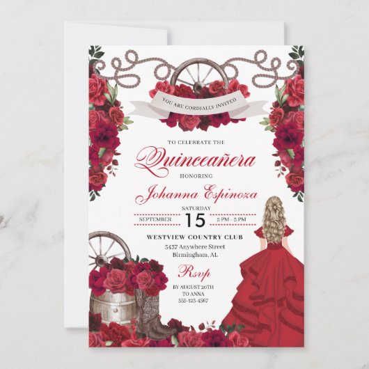 Roter Western der Blüte Ranchero Quinceanera Einladung (Vorderseite)
