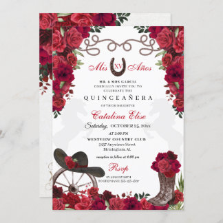 Roter Western der Blüte Ranchero Quinceanera Einladung