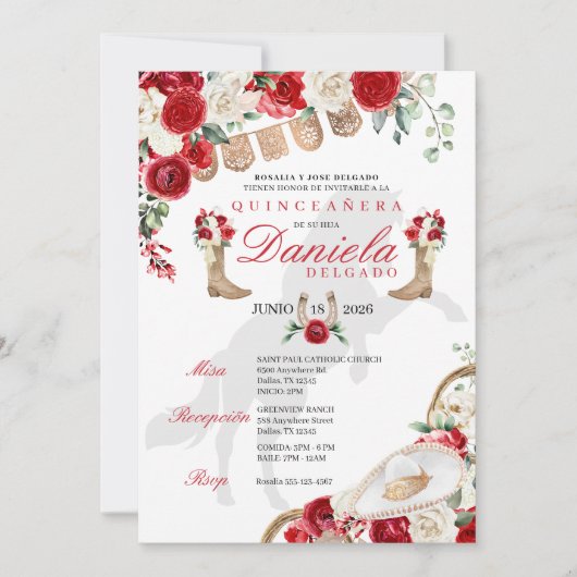Roter Western Stiefel & Rose Papel Picado Quinceañ Einladung (Vorderseite)