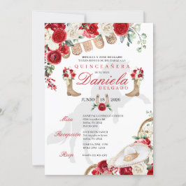 Roter Western Stiefel & Rose Papel Picado Quinceañ Einladung