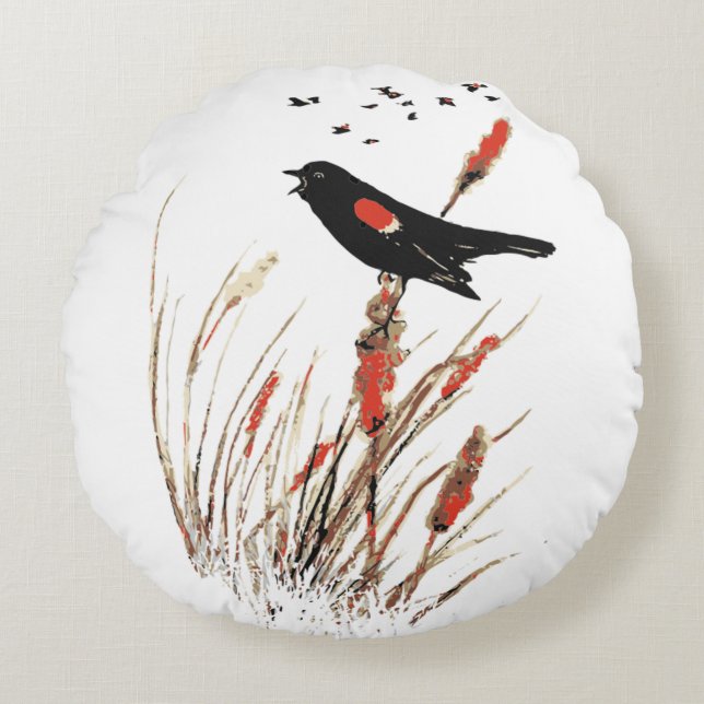 Roter Wing Blackbird Natur Kunst Rundes Kissen (Vorderseite)