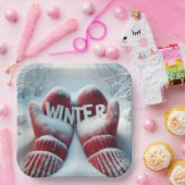 Roter Winter Mitten mit Schneeflocken Pappteller (Party)