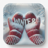 Roter Winter Mitten mit Schneeflocken Pappteller (Vorderseite)