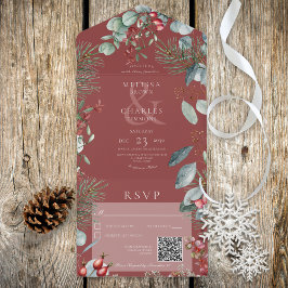 Roter Winter Pine Berries Eucalyptus QR Code All In One Einladung