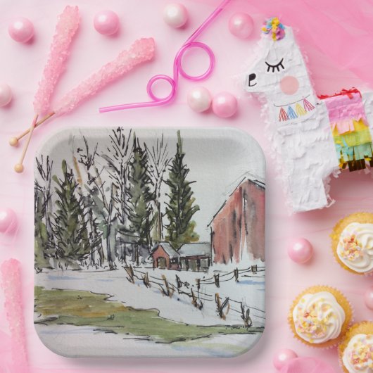 Roter Winter Stall Papiertüte / Aquarellspülen Pappteller (Party)