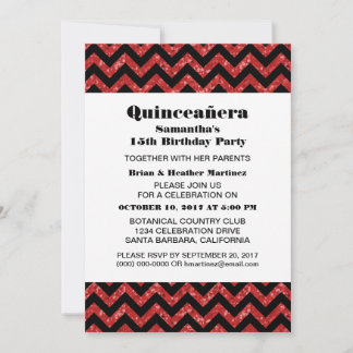 Roter Zickzack Glitzer Quinceañera Party Einladung