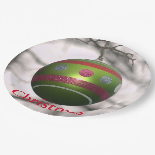 Roter Zierball Pappteller (Schrägansicht)