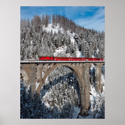 Roter Zug Pine Snow Covered Mountains Schweiz Poster (Vorne)