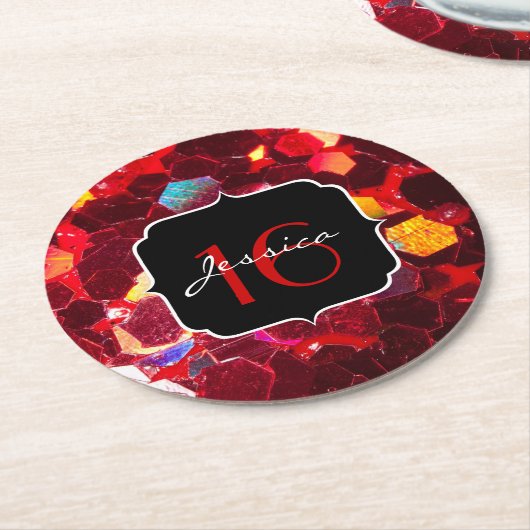 Rotes abstraktes Mosaik glänzender Glitzer Muster Runder Pappuntersetzer (Angewinkelt)