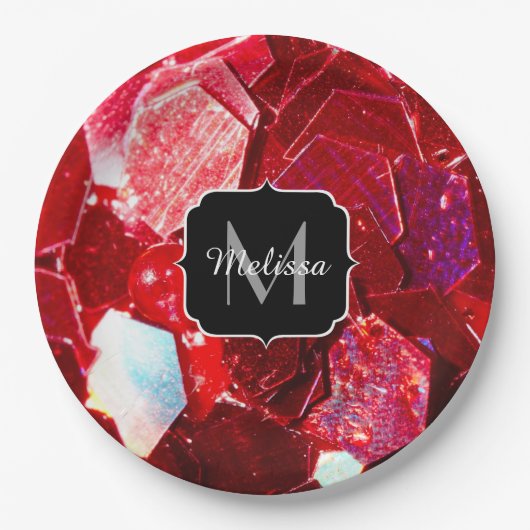 Rotes abstraktes Mosaikmuster Glitzer-Muster Monog Pappteller (Vorderseite)