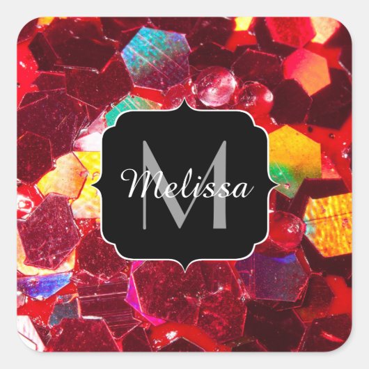 Rotes abstraktes Mosaikmuster Glitzer-Muster Monog Quadratischer Aufkleber (Vorderseite)