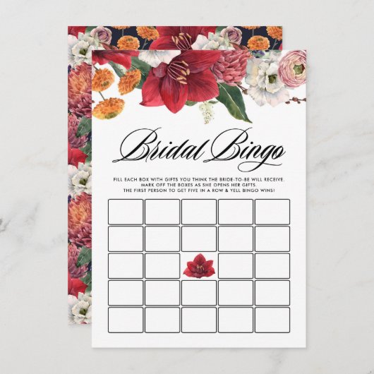 Rotes Amaryllis Brautparty Bingo Game Begleitkarte (Vorne/Hinten)