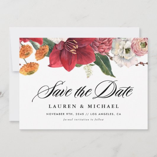 Rotes Amaryllis und Blume im Herbst Save The Date (Vorderseite)