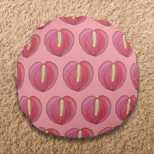 Rotes Anthurium Blume Nahtloses Muster Rundes Kissen (Red Anthurium flower seamless pattern on round throw pillow)