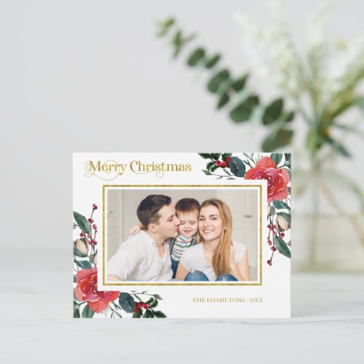 Rotes Aquarell Blütenwein Weihnachten Foto Postkarte (Stehend Vorderseite)