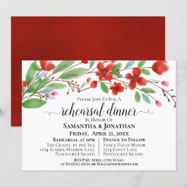 Rotes Aquarellblüten Hochzeitliches Probe Abendess Einladung