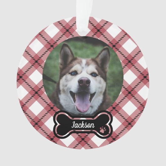 Rotes Argyle-Karree-Knochenanhänger-Hundefoto Ornament (Vorderseite)