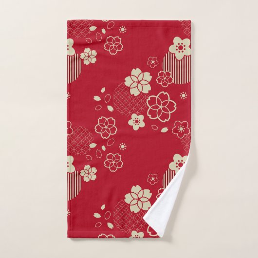 Rotes asiatisches Muster mit Frühlingsblumen Badhandtuch Set (Handtuch)
