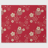 Rotes asiatisches Muster mit Frühlingsblumen Geschenkpapier (Flach)