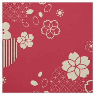 Rotes asiatisches Muster mit Frühlingsblumen Stoff