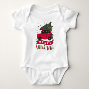 Rotes Auto Fröhlicher Weihnachtsbaum Bunt Lustig Baby Strampler