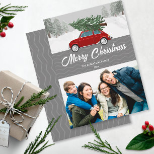 Rotes Auto LKW Weihnachtsbaum Grau Zickzack Chevro Folien Feiertagskarte