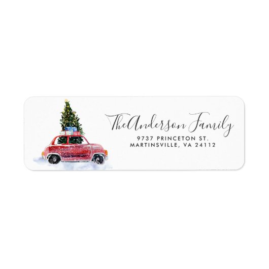 Rotes Auto mit Weihnachtsbaum-Rücksende-Adressetik (Vorne)